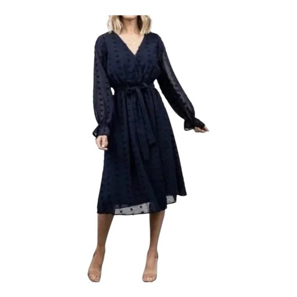 Baltic Born Paisley Swiss Dot Navy Blue Size Large V-Neck Midi Dress - Picture 2 of 9